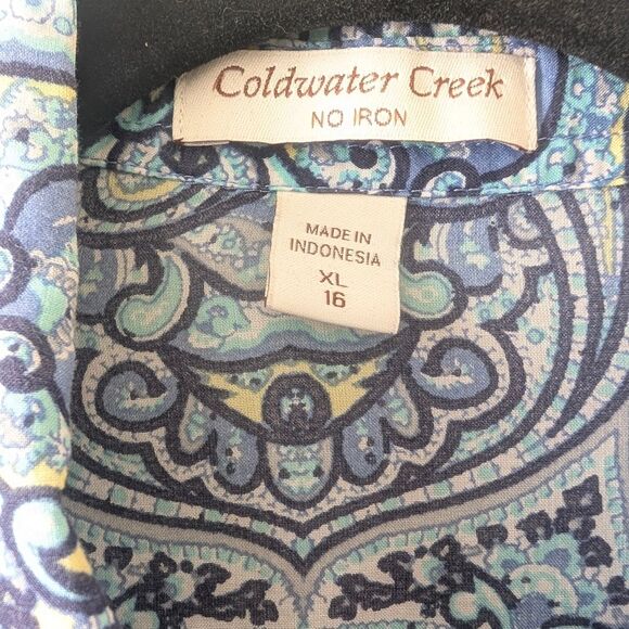 Coldwater Creek No Iron Button Top Multicolor Blue Paisley Collared Size XL - Picture 4 of 5